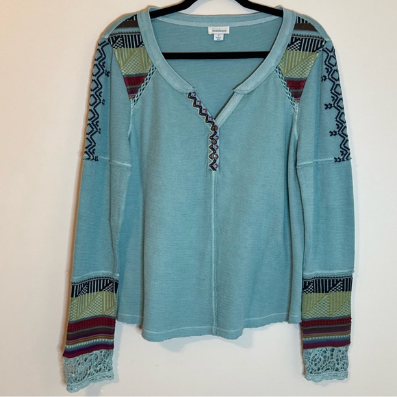 NWOT Sundance Kateri Henley Long Sleeve Top Blue Green Tribal Inspired Pattern S - Picture 1 of 7